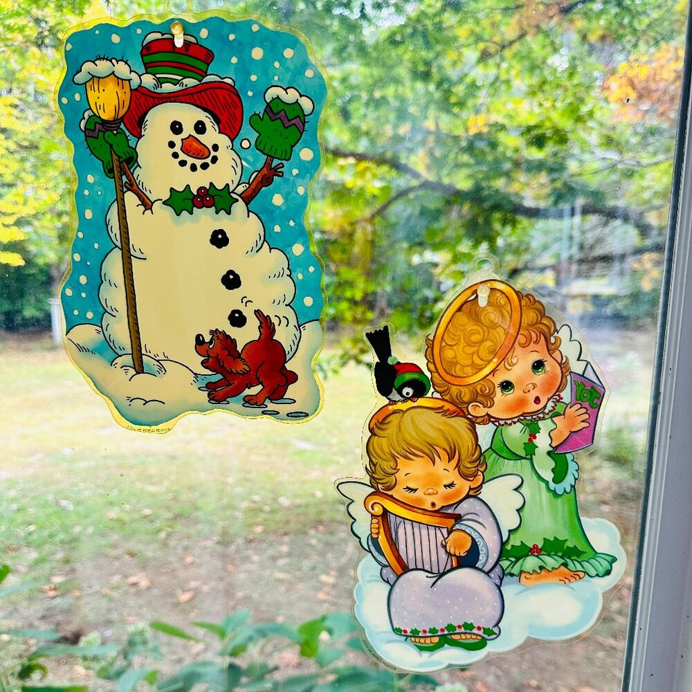 Vintage Christmas Window Clings Angels Snowman Color Clings Vintage Xmas Decor